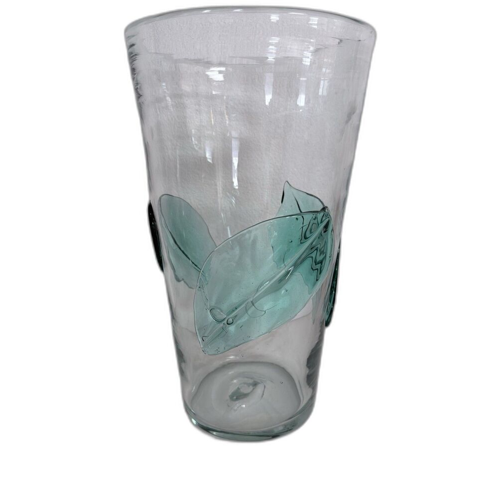 Vtg Blenko 366-LL XL 13” Leaf Vase MCM Art Glass Smooth Applied Emerald Green